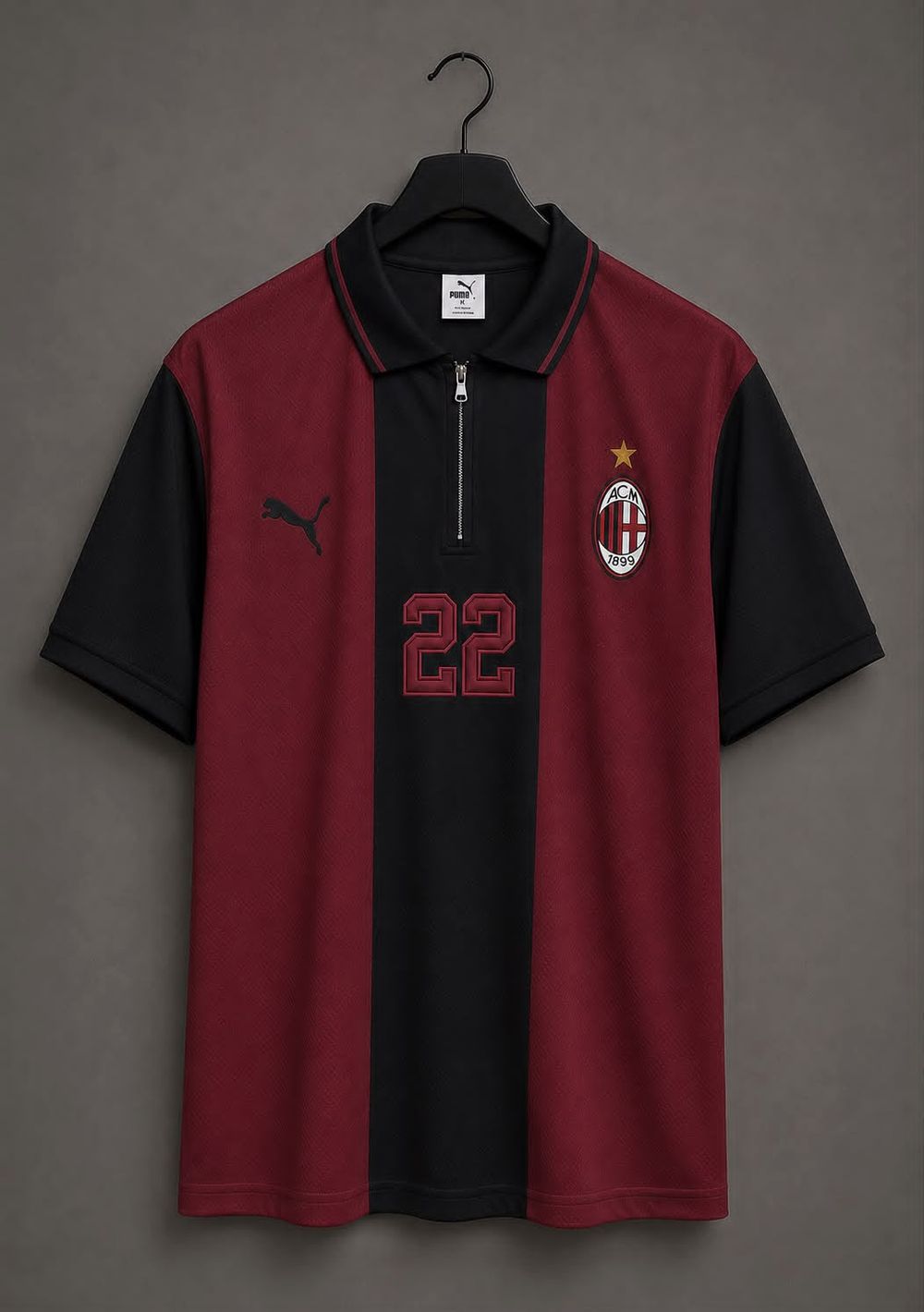 AC Milan maroon and black shirt with a zipped polo collar, squad number 22 on the front.