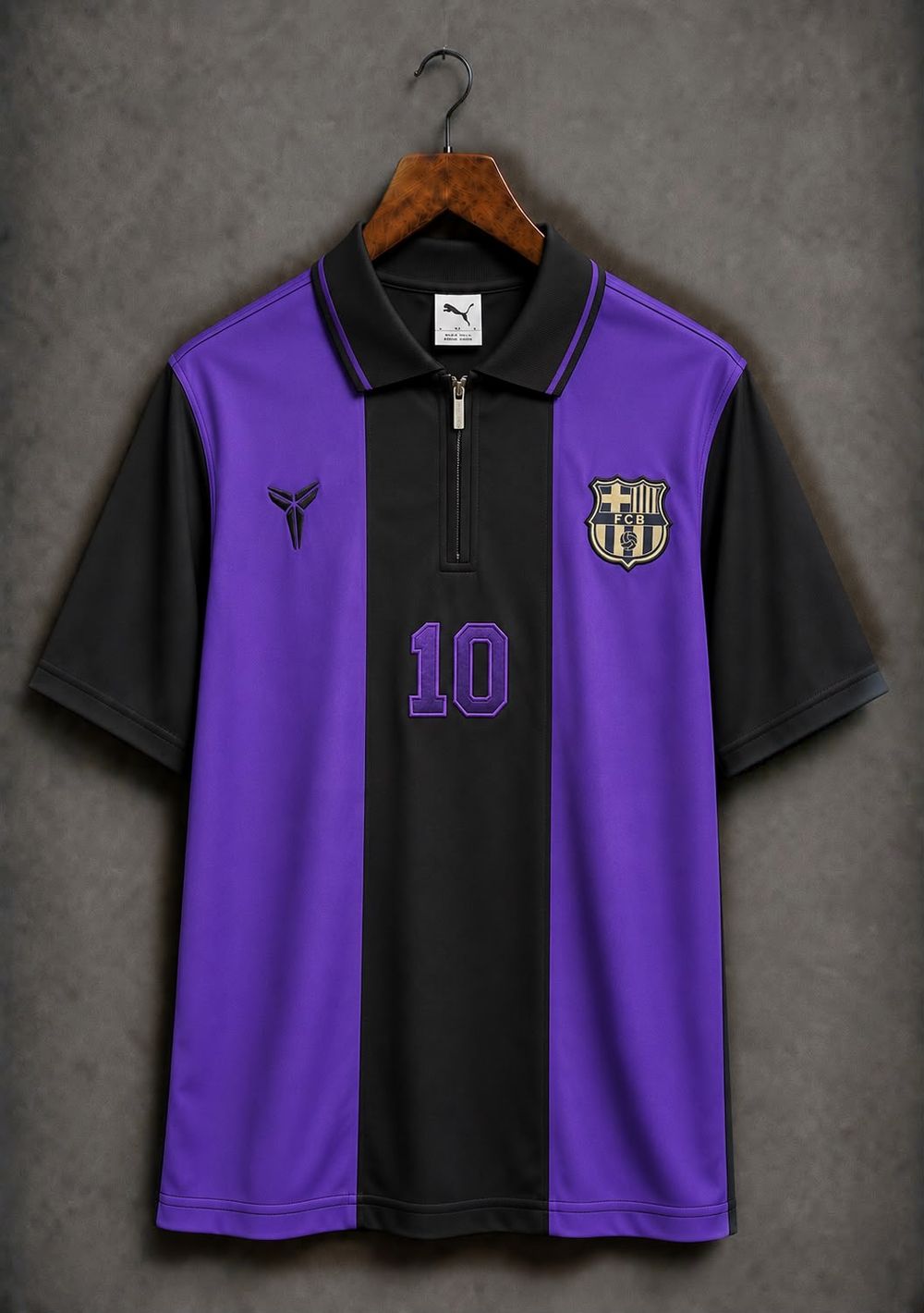 Barcelona purple and black shirt with a zipped polo collar, squad number 10 on the front.