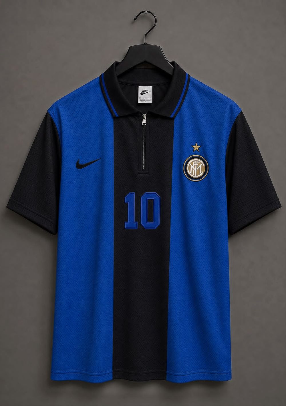 Inter Milan blue and black shirt with a zipped polo collar, squad number 10 on the front.