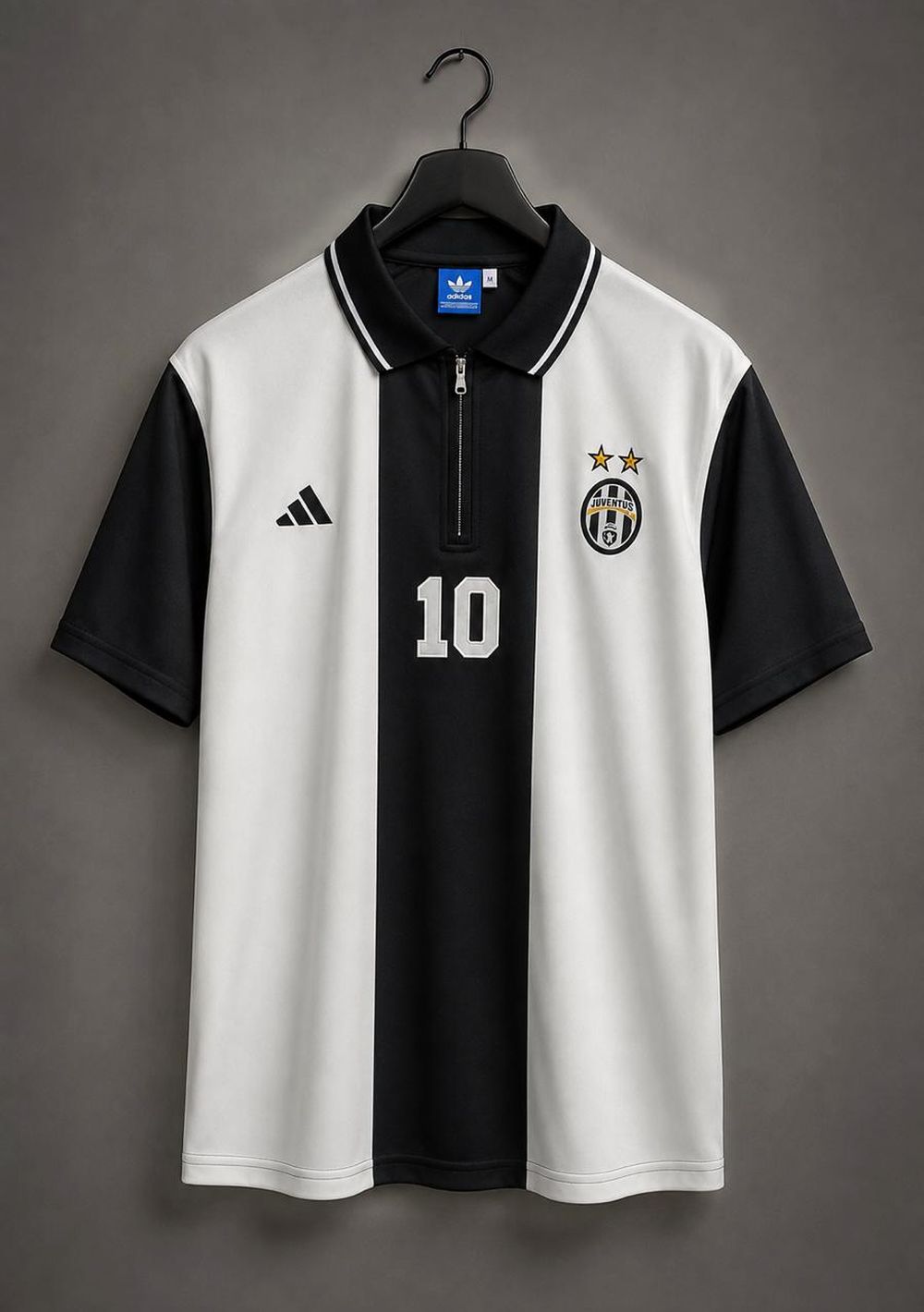 Juventus black and white shirt with a zipped polo collar, squad number 10 on the front.