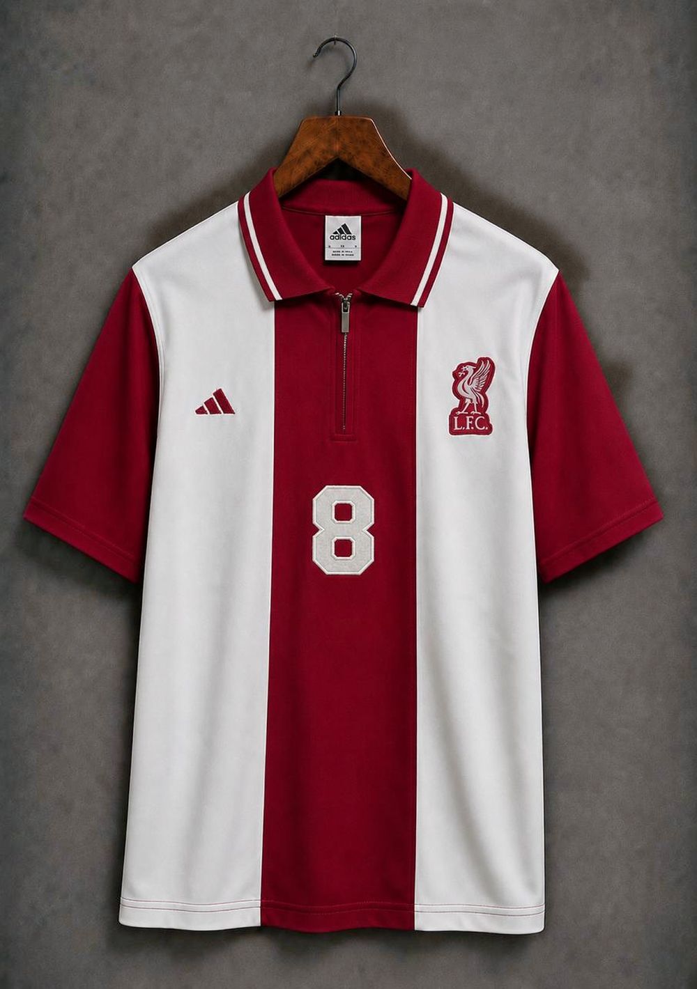 Liverpool red and white shirt with a zipped polo collar, squad number 8 on the front.