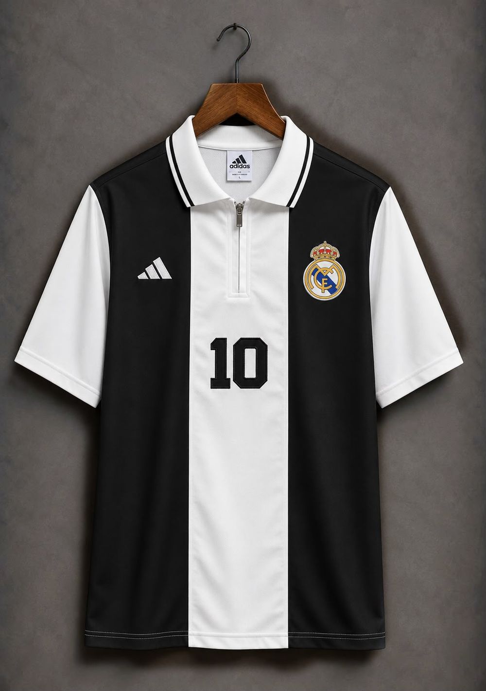 Real Madrid black and white shirt with a zipped polo collar, squad number 10 on the front.