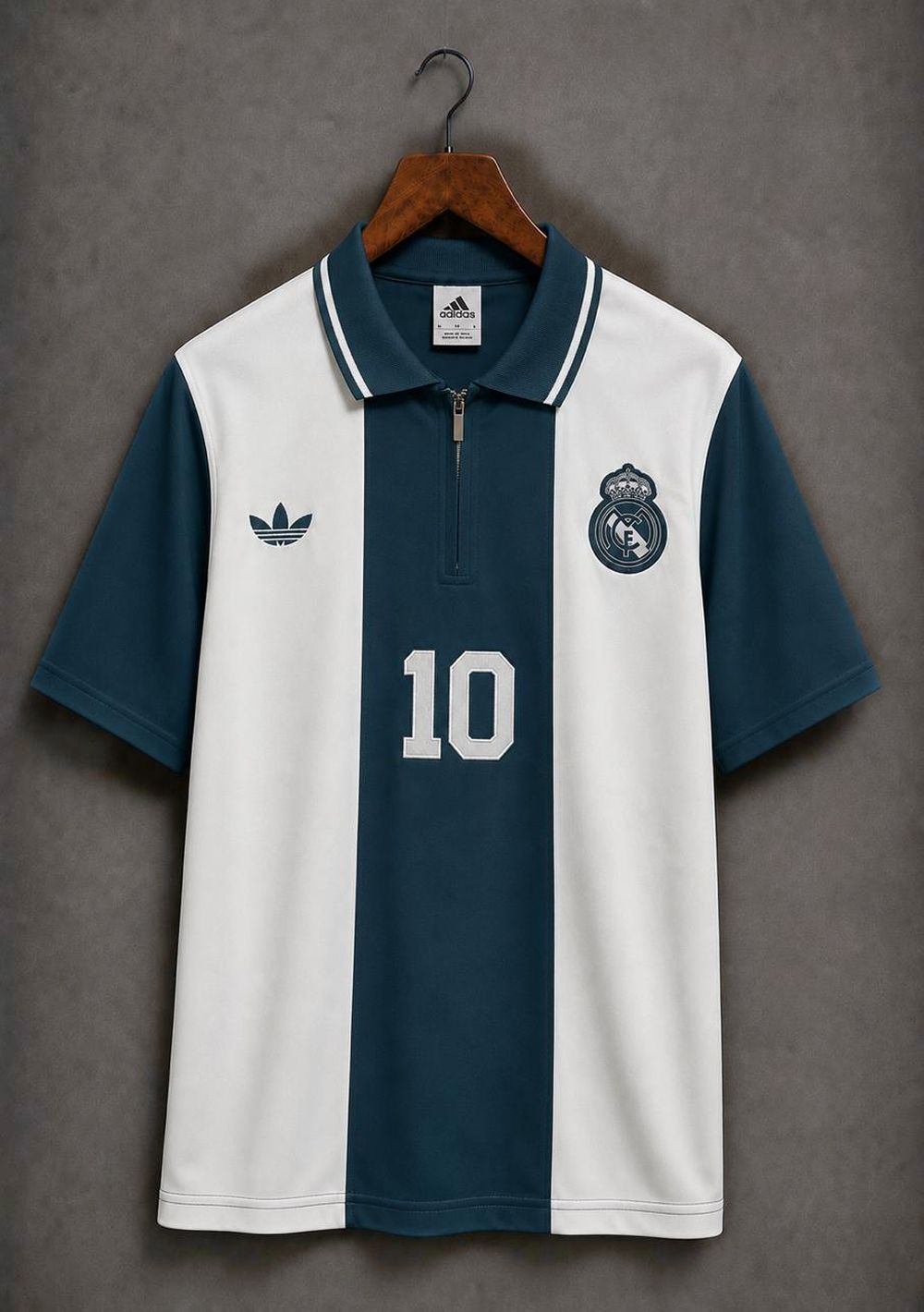 Real Madrid teal and white shirt with a zipped polo collar, squad number 10 on the front.
