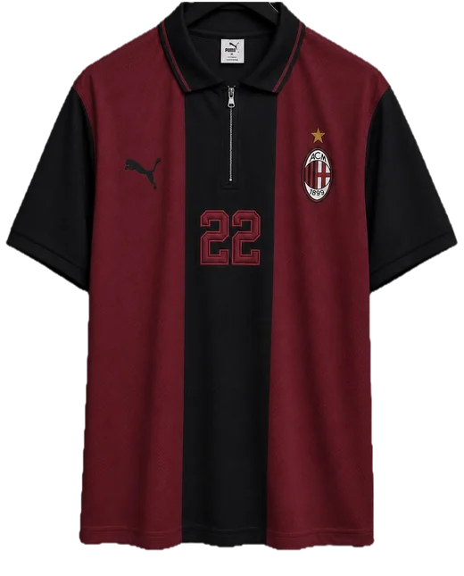 AC Milan maroon and black shirt with a zipped polo collar, squad number 22 on the front.