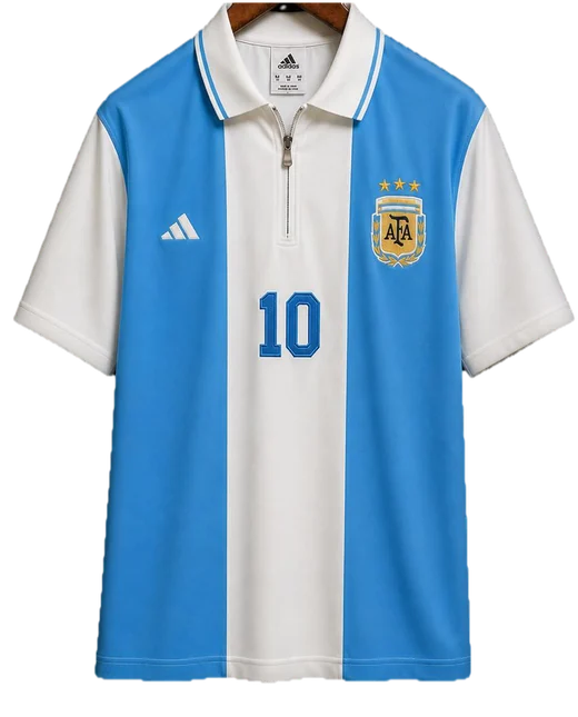 Argentina sky blue and white shirt with a zipped polo collar, squad number 10 on the front.