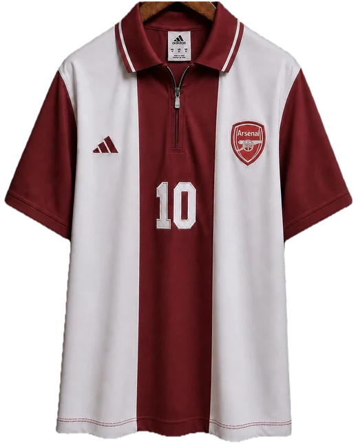 Arsenal red and white shirt with a zipped polo collar, squad number 10 on the front.