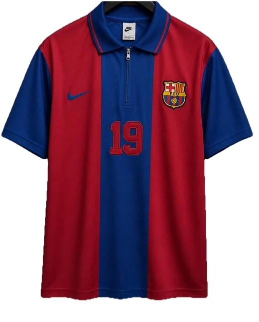 Barcelona red and blue shirt with a zipped polo collar, squad number 19 on the front.