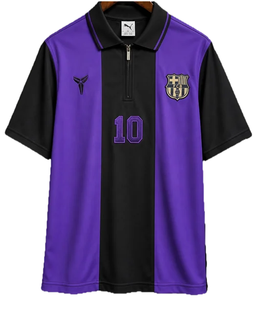 Barcelona purple and black shirt with a zipped polo collar, squad number 10 on the front.