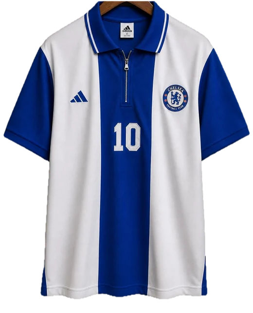 Chelsea royal blue and white shirt with a zipped polo collar, squad number 10 on the front.