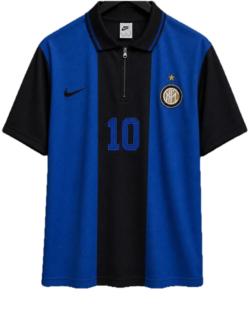 Inter Milan blue and black shirt with a zipped polo collar, squad number 10 on the front.