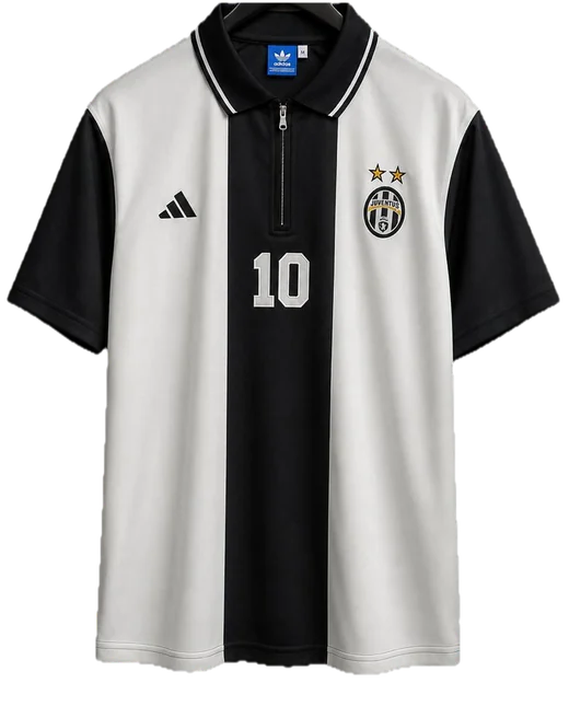 Juventus black and white shirt with a zipped polo collar, squad number 10 on the front.