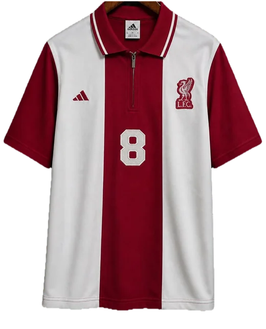 Liverpool red and white shirt with a zipped polo collar, squad number 8 on the front.