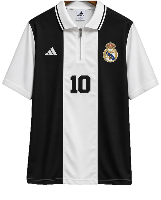 Real Madrid black and white shirt with a zipped polo collar, squad number 10 on the front.