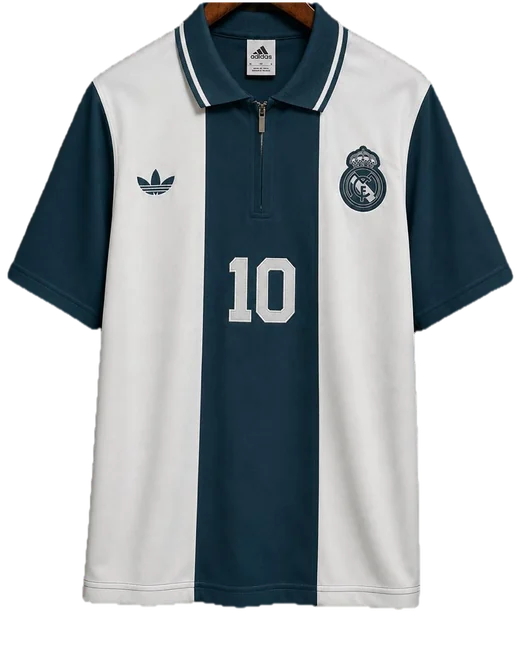 Real Madrid teal and white shirt with a zipped polo collar, squad number 10 on the front.